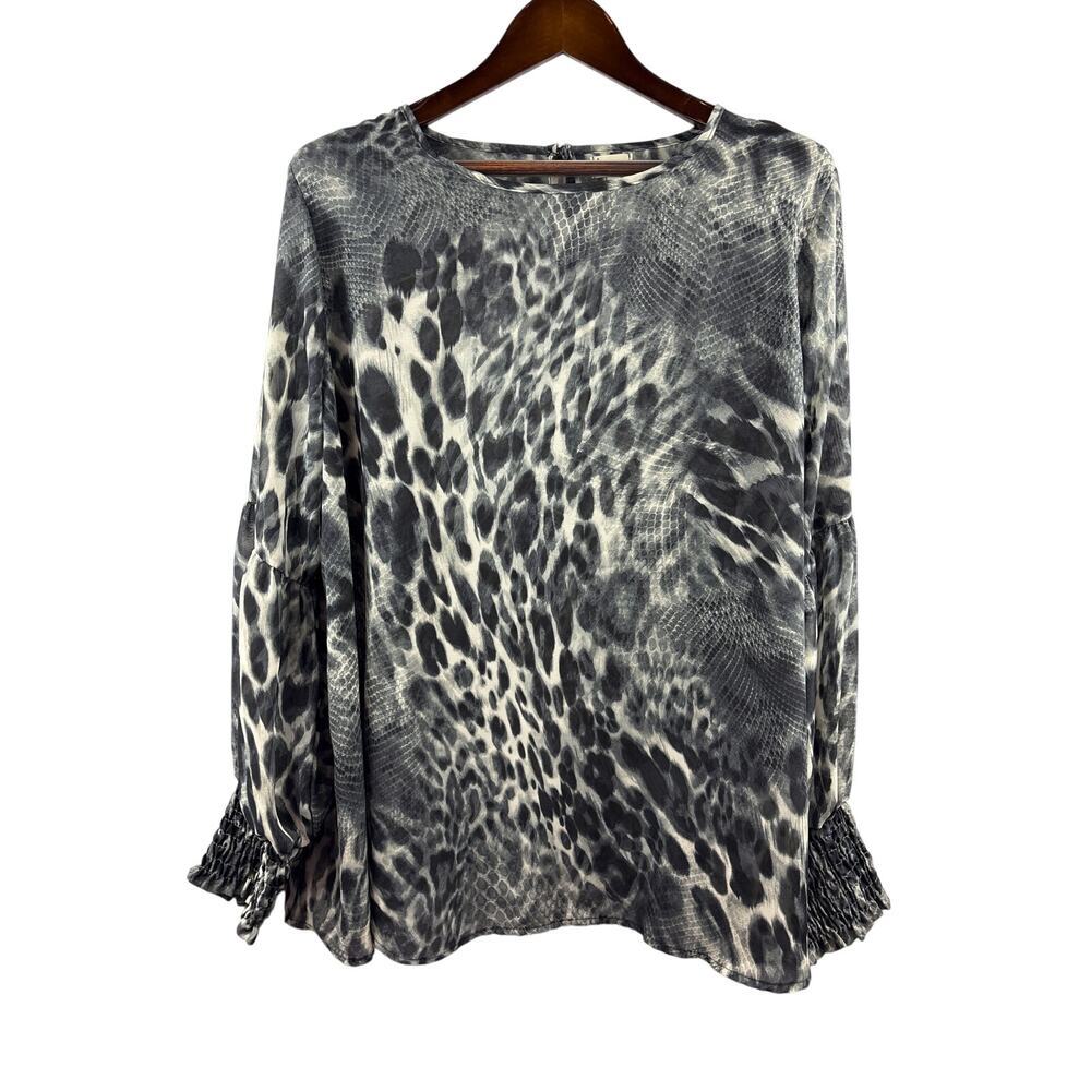 Women’s Baea 2X Grey Animal Print Sheer Blouse